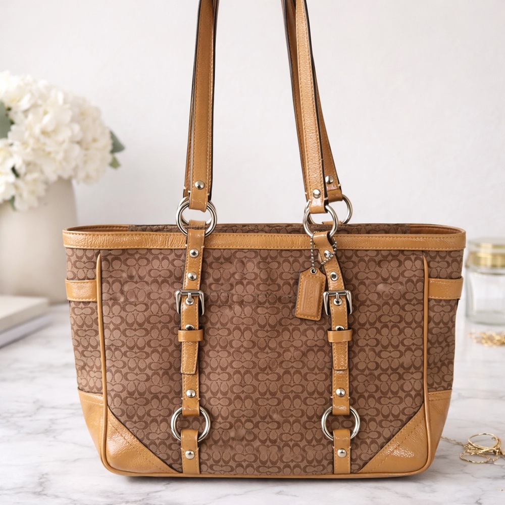 Vintage Coach Signature Y2K Buckle Bag Tan Patent Leather Trim Gallery Tote